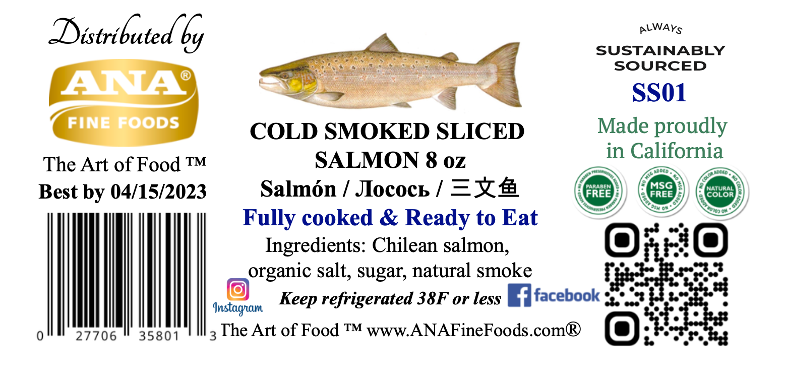 Salmon cold smoked, 8 oz vacuum pack — ANA Fine Foods®